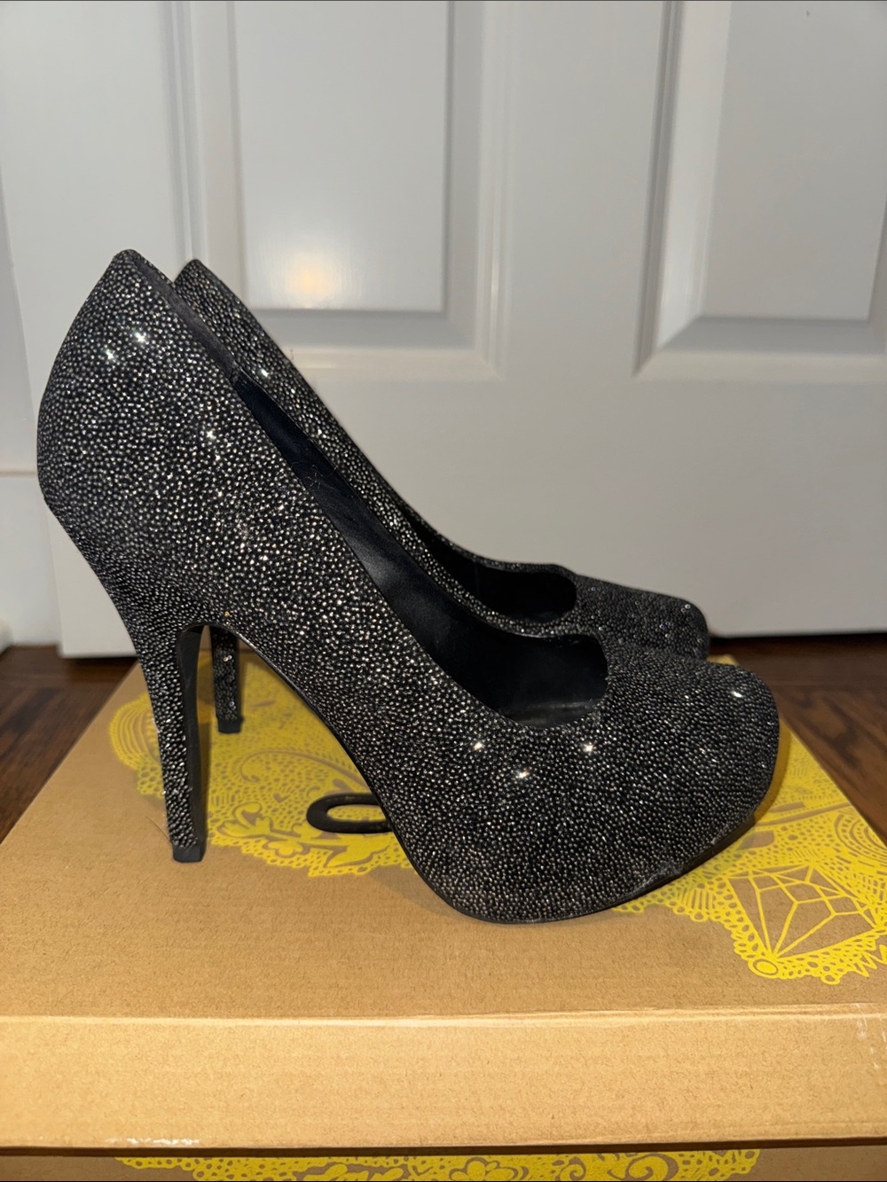 Mix No. 6 Black Glitter Platform Stiletto Pumps